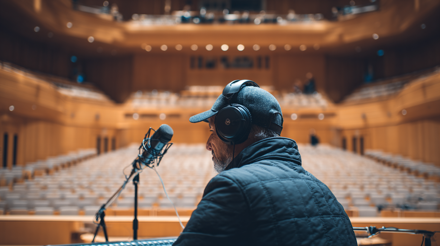 Audio engineer calibrating sound from the back of an auditorium